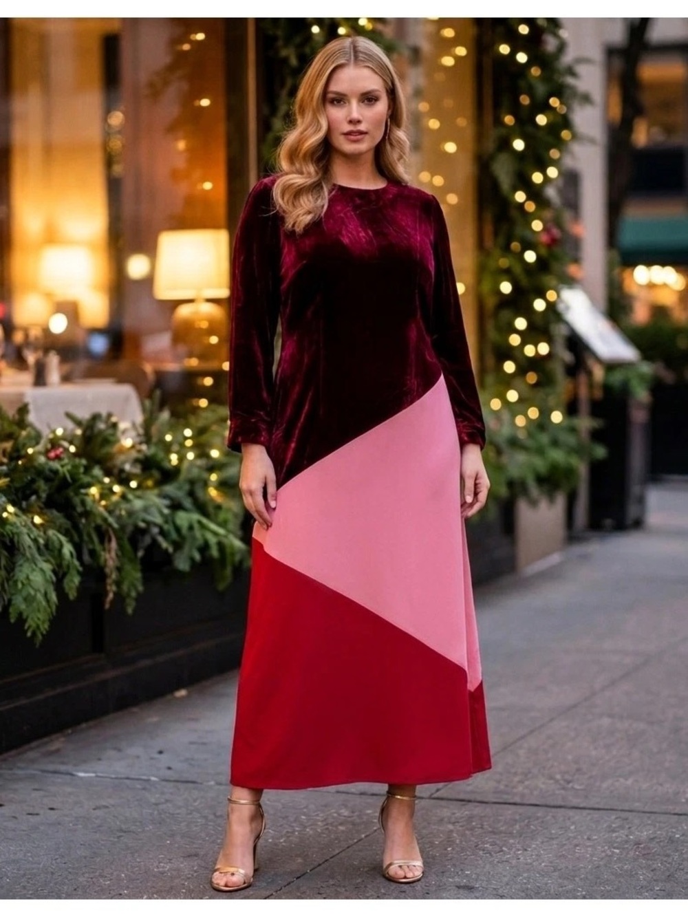 Tuckernuck Burgundy, Pink and Red Velvet Colorblock Maxi Dress